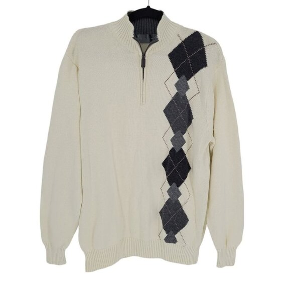 Oscar de la renta mens large cream gray argyle quarter zip ribbed trim sweater - Picture 1 of 11